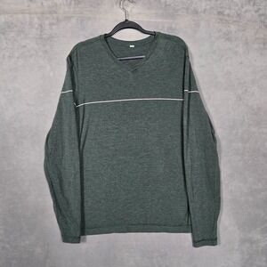 Lululemon Shirt Mens Large Green stripe Long Sleeve V Neck Lightweight Casual